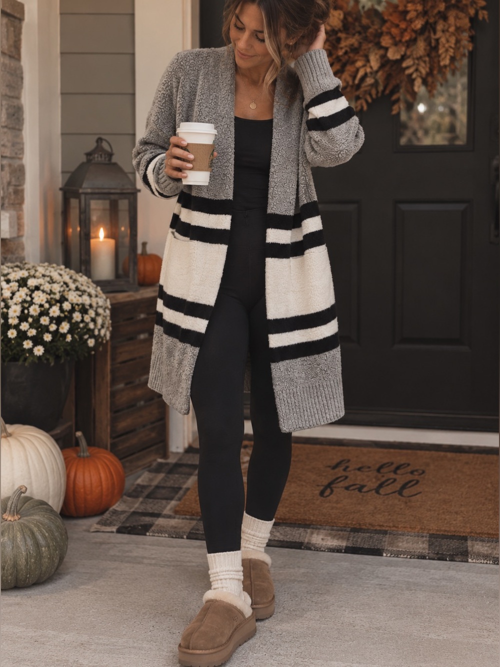 Cozy Open-Front Striped Cardigan in Gray, Black & White Below Knee Calf